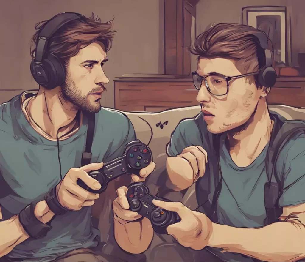 TWO MEN PLAYING VIDEOGAMES