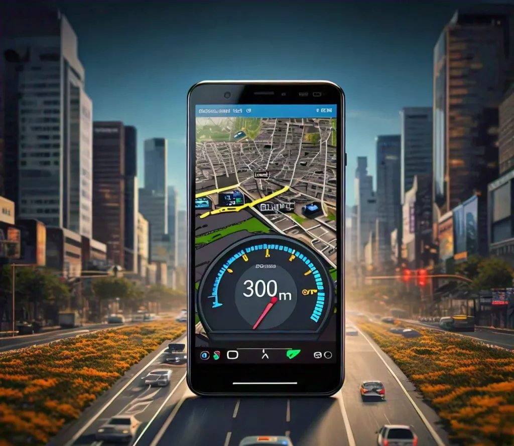 AI ILLUSTRAION SHOWING MAPS WITH SPEEDOMETER IN A MOBILE PHONE