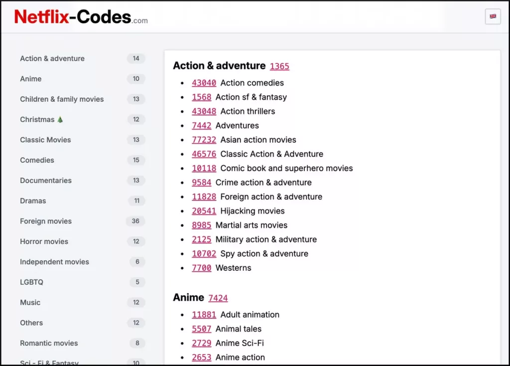 a screenshot of the Netflix-Codes.com website with a list of available categories on Netflix