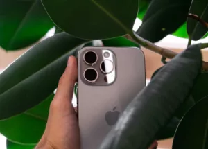 IPHONE 16 PRO MAX IN HAND WITH LEAVES BEHIND