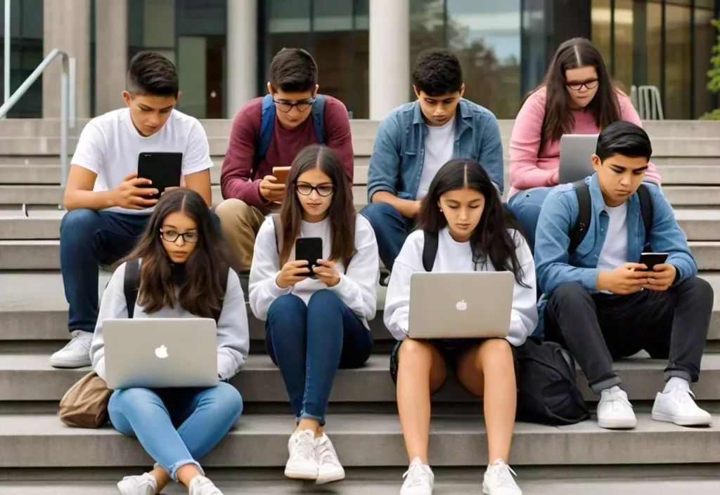 TEENS USING PHONES AND LAPTOPS