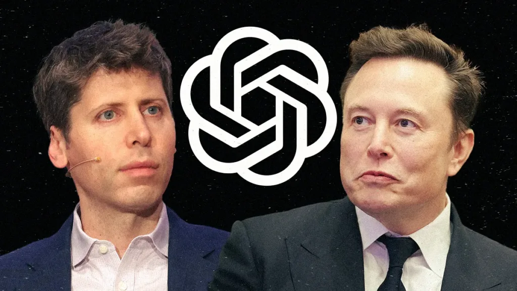 SAM ALTMAN AND ELON MUSK AND OPENAI LOGO IN THE CENTER