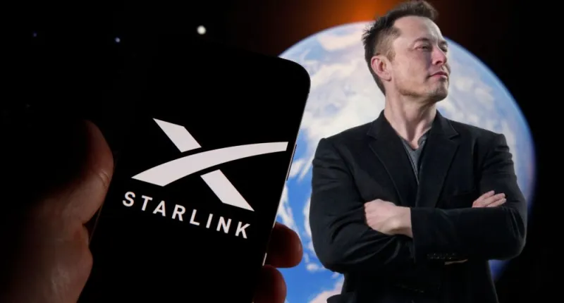 STARLINK LOGO IN A SMART PHONE AND ELON MUSK WITH SPACE AS BACKGROUND