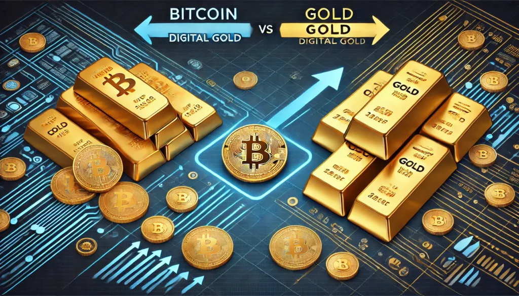 Bitcoin vs. Gold Comparison – Visual showing Bitcoin and gold bars, highlighting Bitcoin as "digital gold."