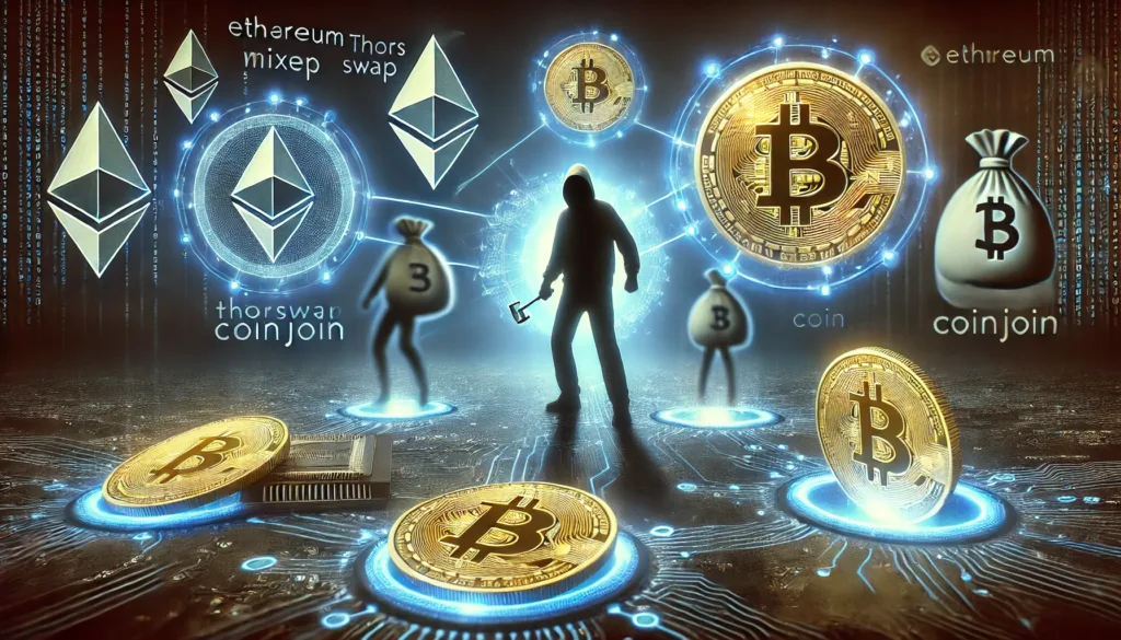 Ethereum coins transforming into Bitcoin across a digital blockchain network, with blurred hacker silhouettes and swirling crypto mixers like THORSwap and CoinJoin hiding the money trail.