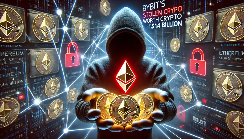 A highly realistic digital vault spilling Ethereum coins (ETH logo) into the hands of a shadowy hacker wearing a hoodie, with glowing blockchain transaction lines in the background. The text "Bybit's Stolen Crypto Worth $1.4 Billion" is prominently displayed in bold, futuristic red and white font, symbolizing the massive crypto heist.