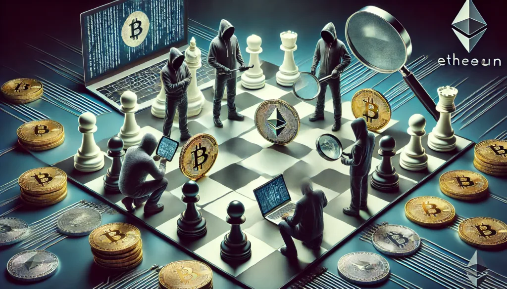 A digital chessboard showing hooded hackers on one side and cybersecurity investigators on the other, using crypto coins as chess pieces in a strategic cyber battle.