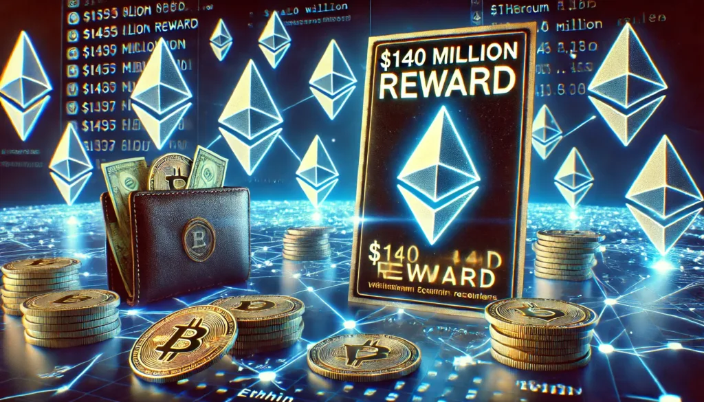 A glowing $140 million bounty poster with Ethereum coins in the background, while digital wallets are scattered on a map with blockchain tracking lines representing the search for stolen funds.