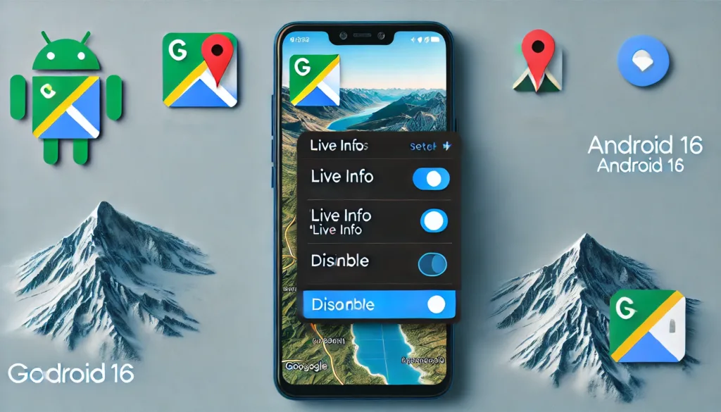 Google Maps app settings with Android 16’s Live Updates Feature Info toggle.