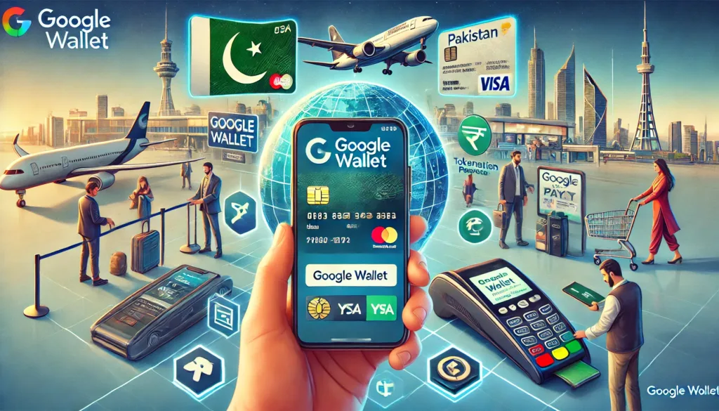 A digital illustration showcasing the launch of Google Wallet in Pakistan, featuring the Google Wallet logo alongside a Pakistani city skyline