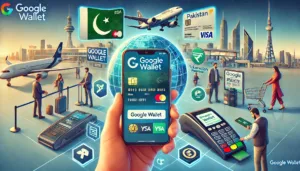 A digital illustration showcasing the launch of Google Wallet in Pakistan, featuring the Google Wallet logo alongside a Pakistani city skyline