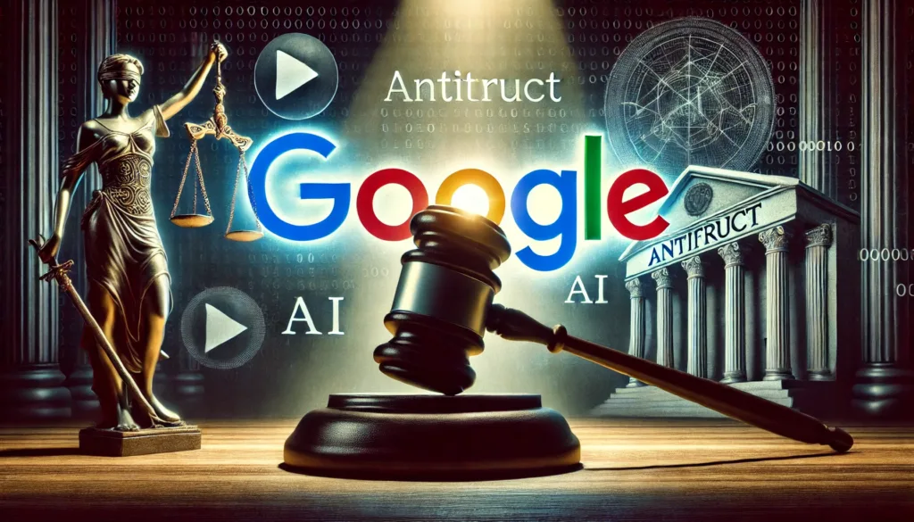 A dramatic illustration of the Google logo facing off against U.S. Department of Justice.