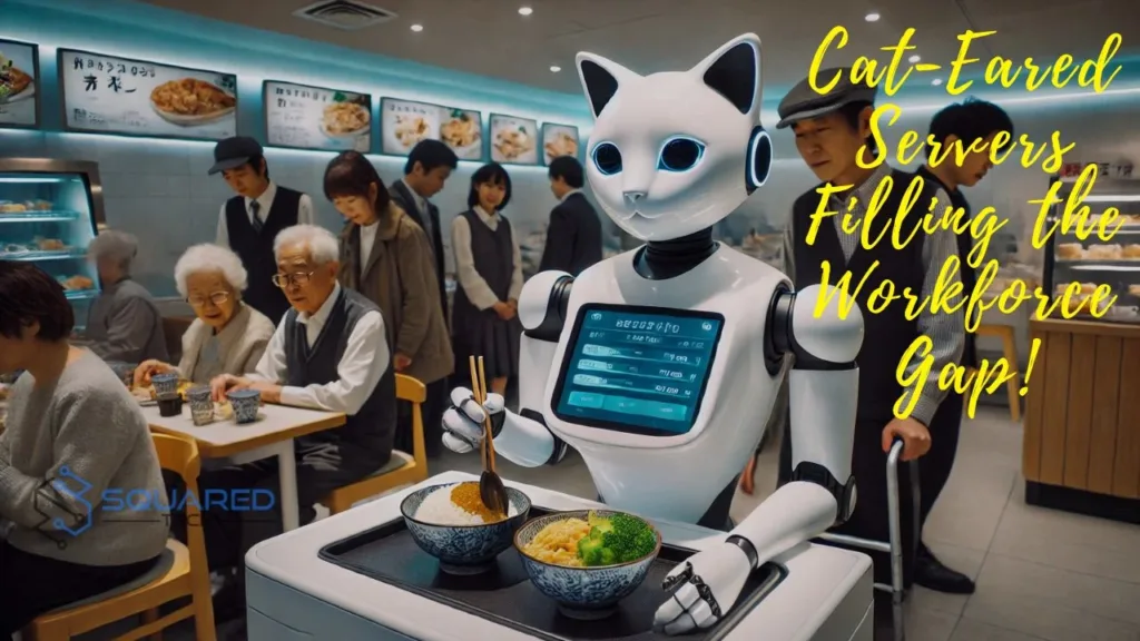 AI generated image of a futuristic Japanese restaurant where cat-eared robots serve food alongside elderly workers