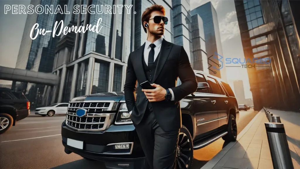 a man in a suit and tie standing next to a car. PROTECTOR APP