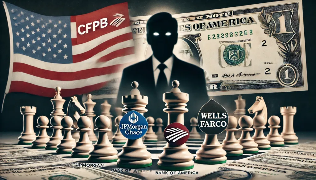 Chess pieces representing CFPB and banks with a shadowy political figure.