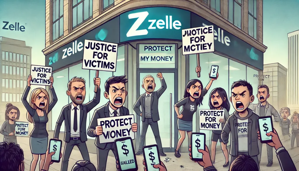 angry customers protesting outside a bank with the Zelle logo, holding signs that demand justice and protection for their money.