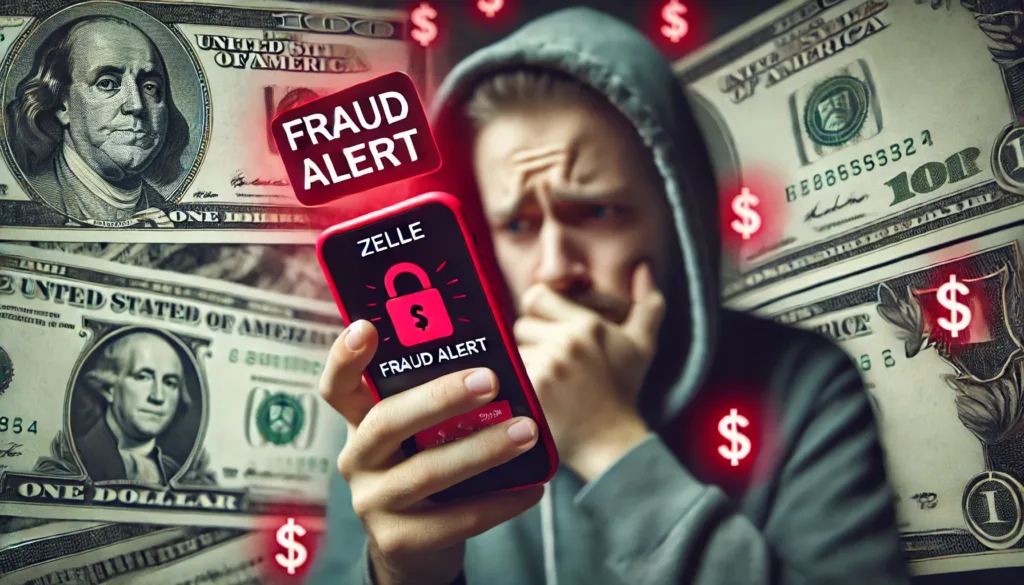 A worried person holding a smartphone with the Zelle app displaying a red fraud alert.