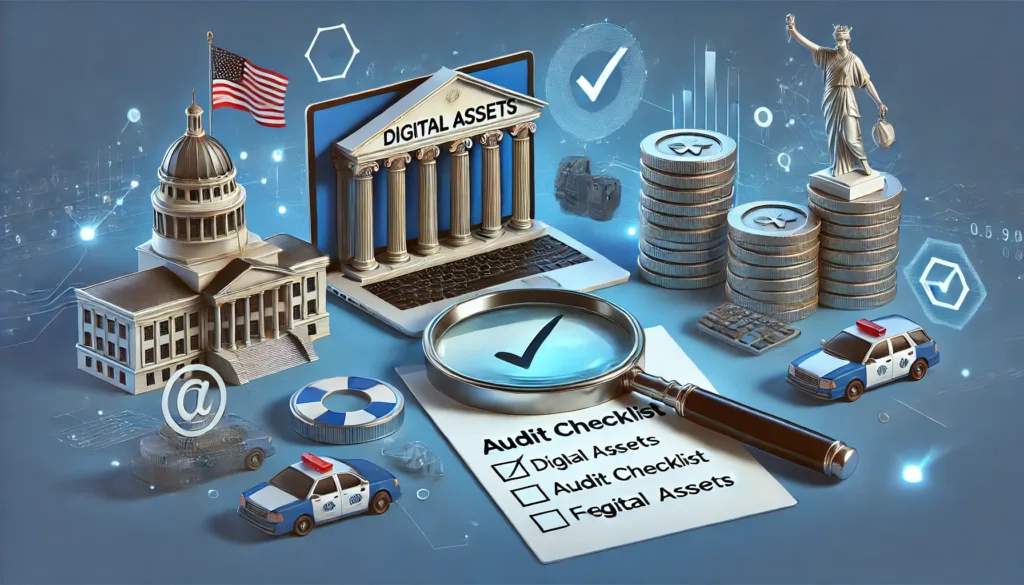 Audit Process Illustration – A graphic of digital assets under examination with a magnifying glass or audit checklist.