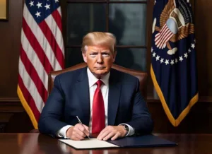 Donald Trump Signing Executive Order – A symbolic image of Trump signing a document with the U.S. flag in the background Establishing Strategic Bitcoin Reserve