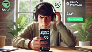 Frustrated spotify premium User Reaction: Person wearing headphones, looking annoyed at their phone